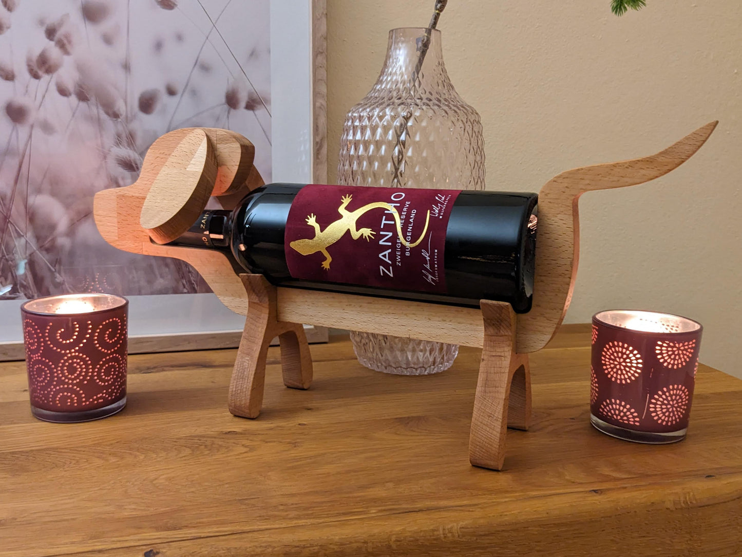 Hund Weinflaschenhalter Weinregal aus Buche Beagle Handarbeit